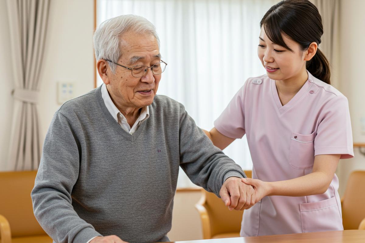 介護士に介護を受ける高齢男性