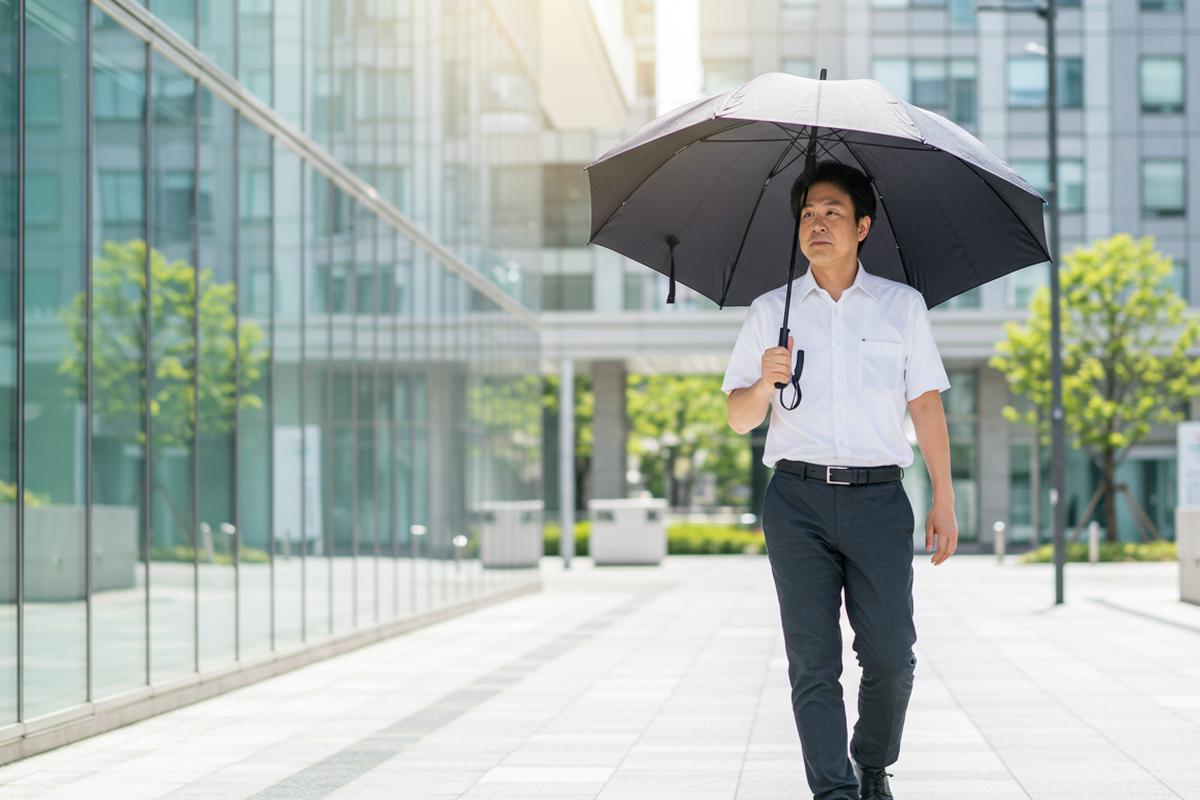紫外線対策のために日傘をさしている40代男性サラリーマン