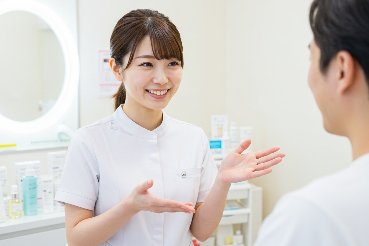 スキンケアについて男性患者に説明する女性看護師