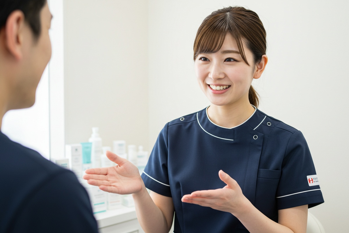 スキンケアやコスメ・サプリについて説明する美容皮膚科看護師