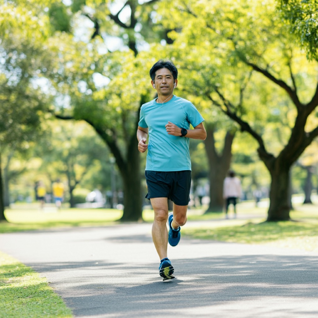 公園でランニングする40代日本人男性
