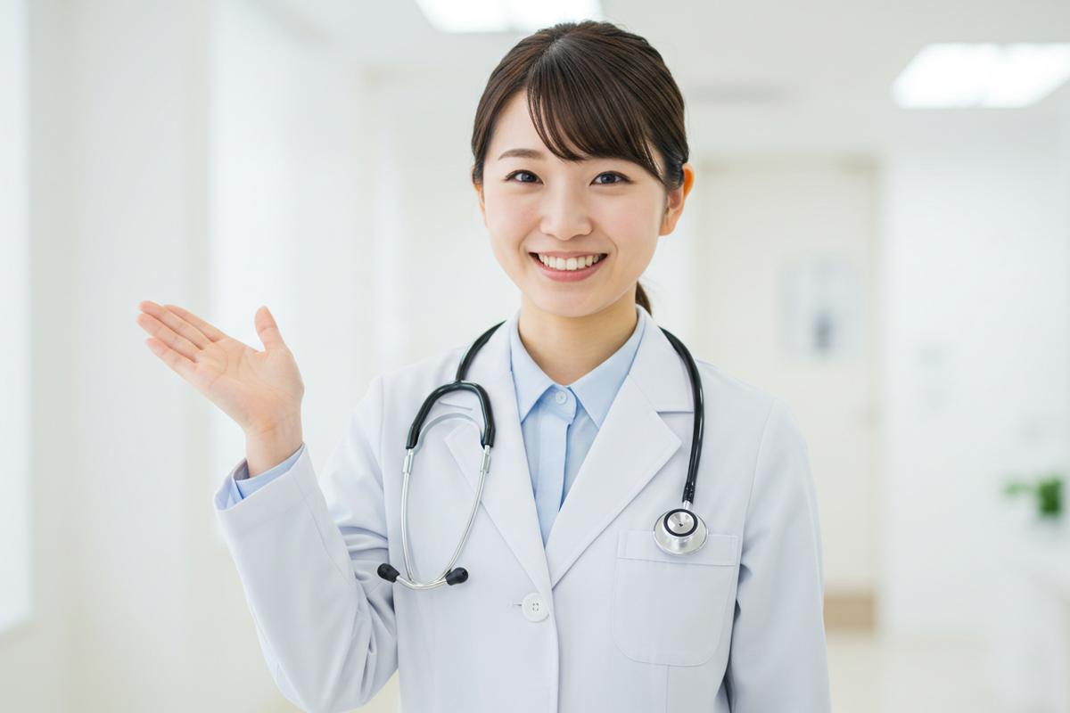 男のたるんだ頬には美容医療がおすすめの理由を笑顔で解説する女医