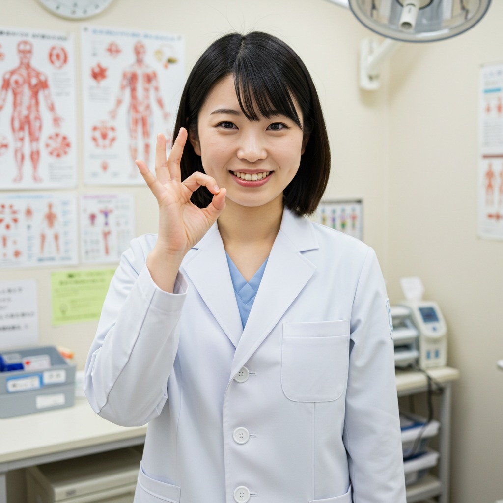 包茎手術前の麻酔の痛みが少ないことを笑顔とOKサインで表現する女性医師