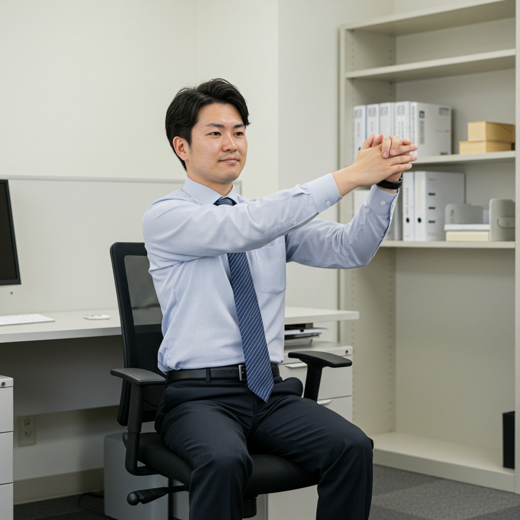 椅子に座った状態で肩こり解消ストレッチをする日本人男性