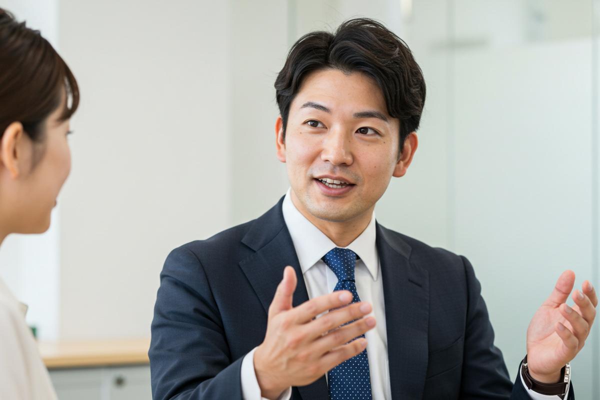 自信に満ちた表情でミーティングをする男性