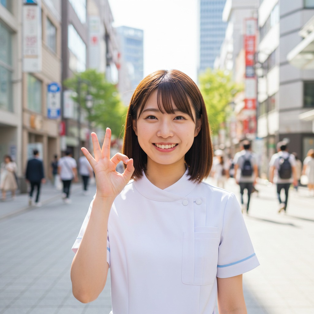 OKサインを作る日本人女性看護師