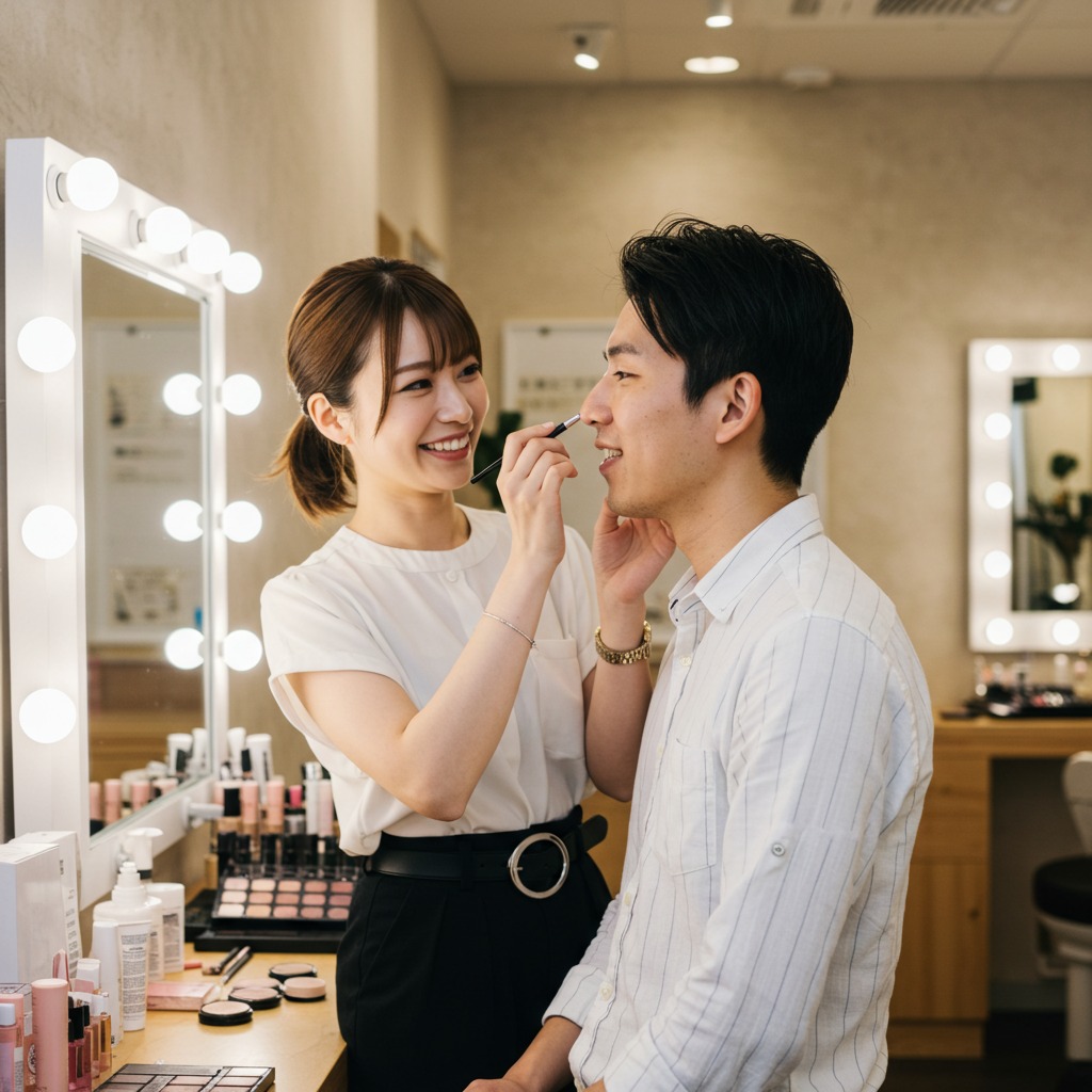 鼻のメイクを教わる男性と教える女性店員