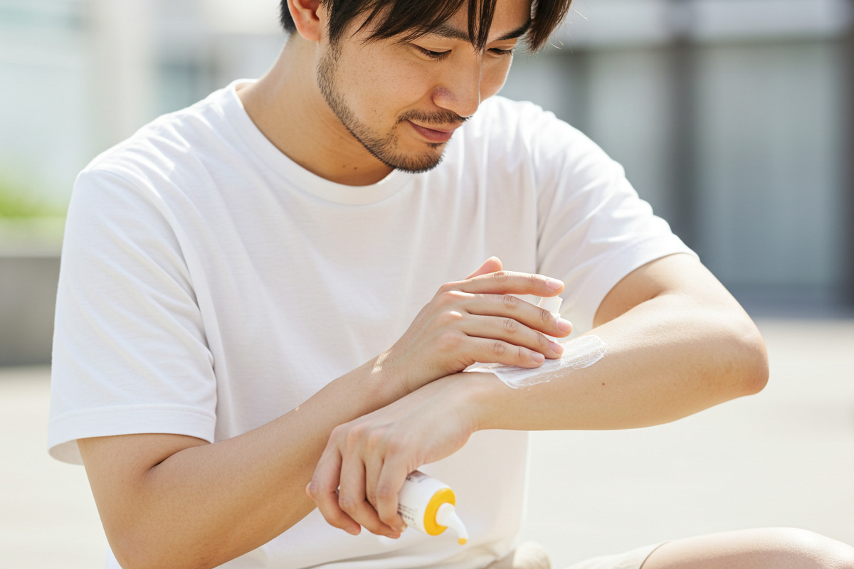 日焼け止めを塗ることで脱毛後の肌をケアする男性