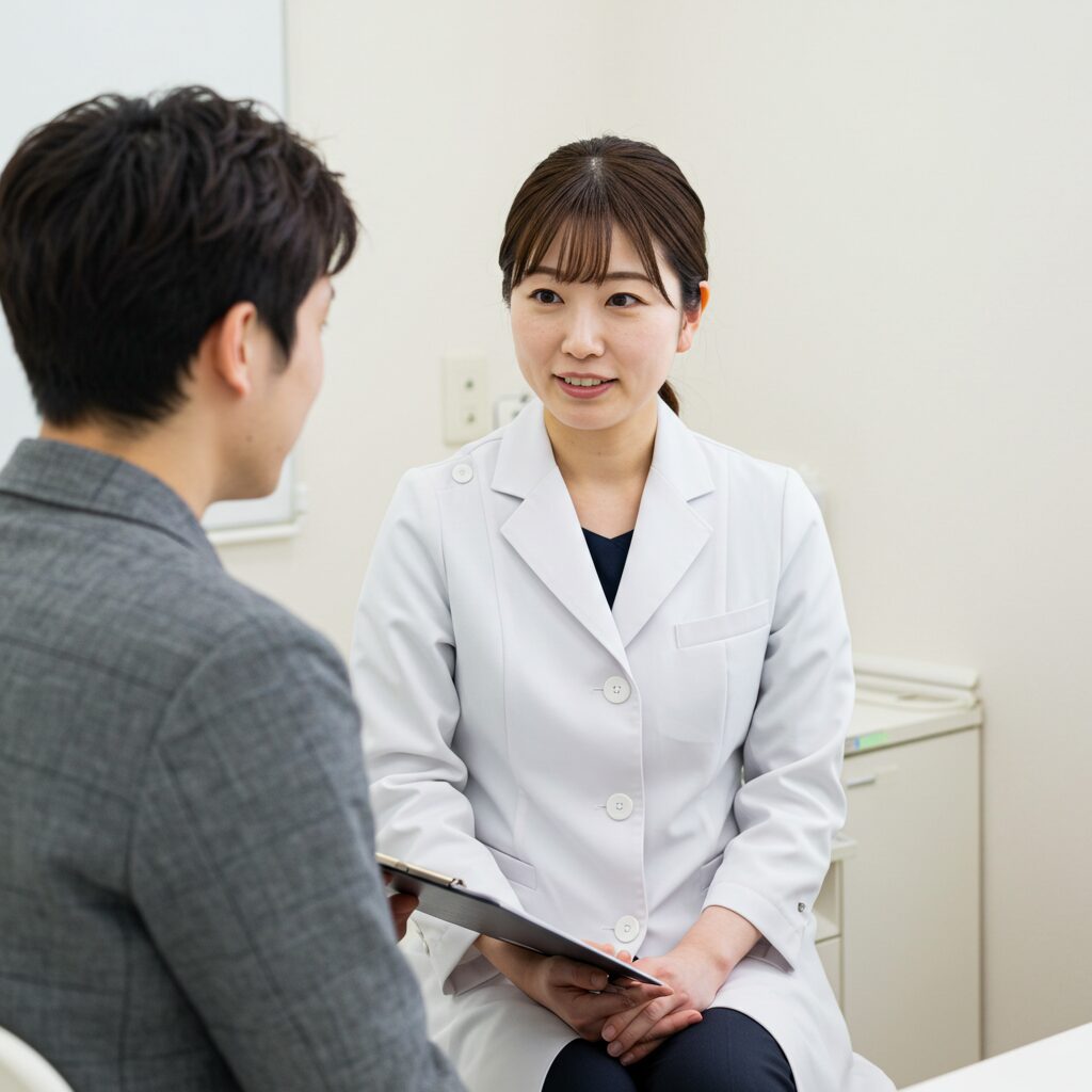 医療脱毛について男性患者に説明する女性医師