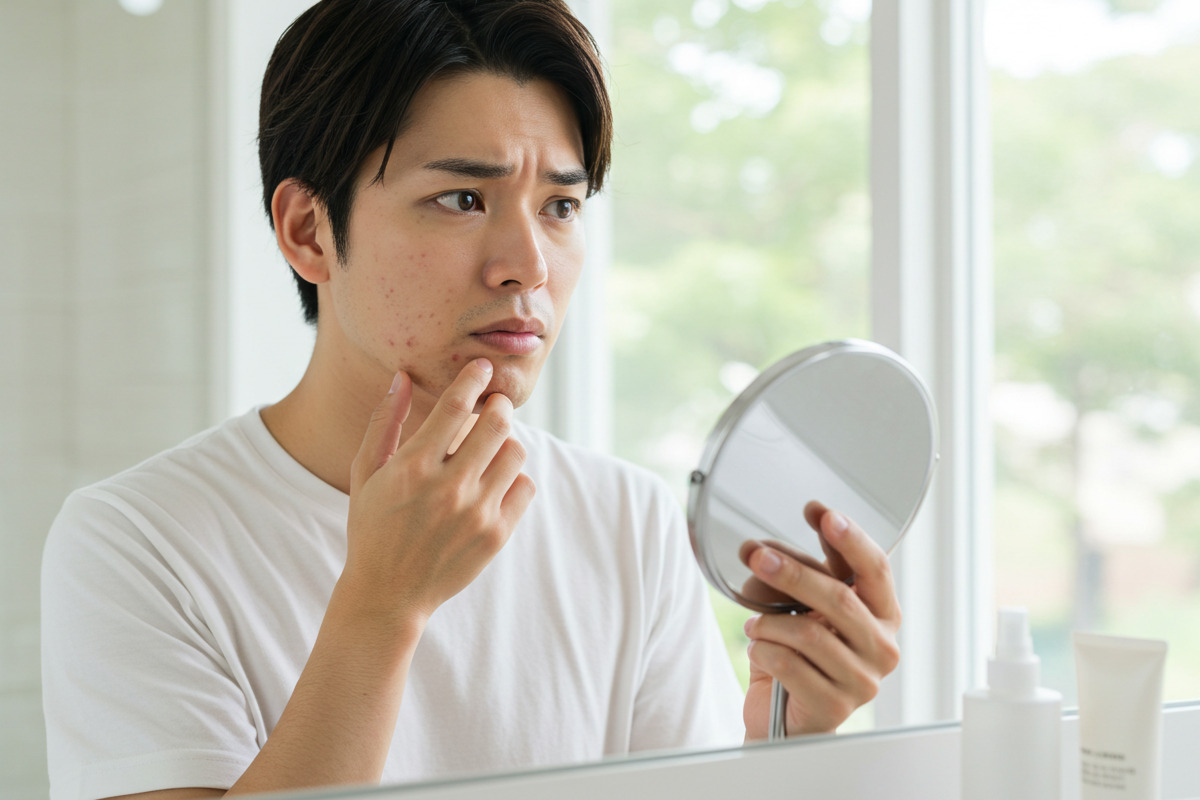 繰り返す顎やフェイスラインのニキビに悩む若い男性