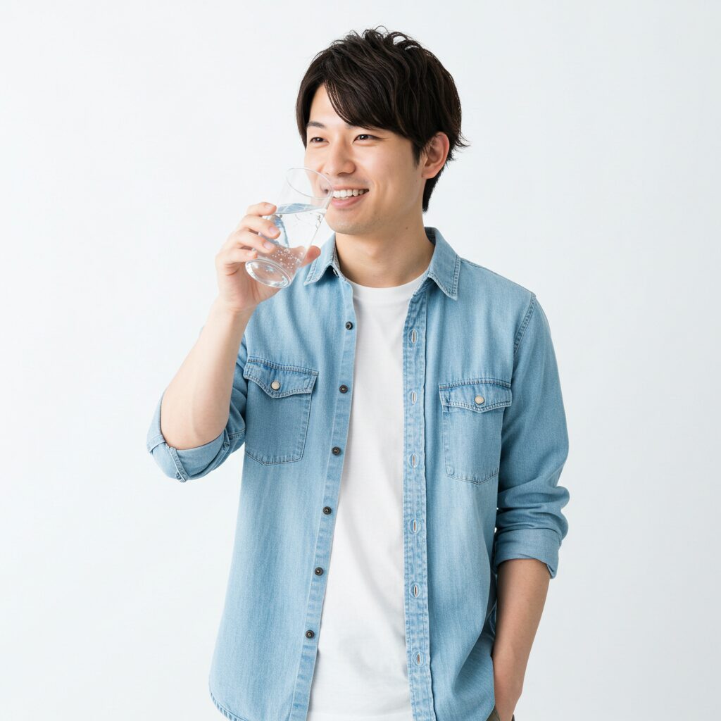炭酸水を飲む若い男性
