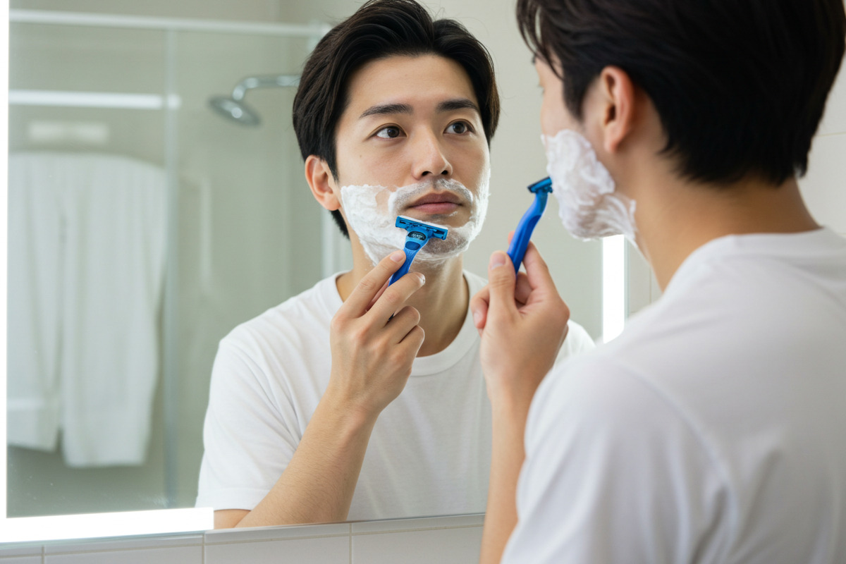 髭剃りをする若い男性
