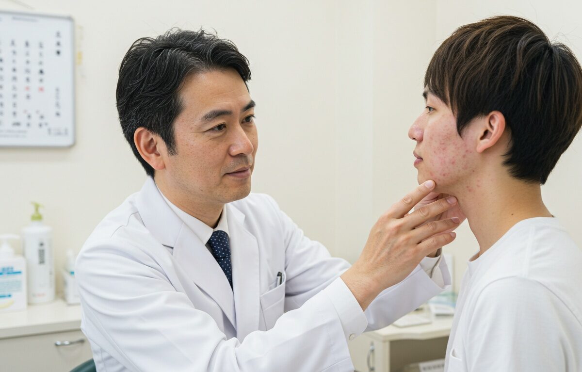 ニキビに悩む男性を診察する医師