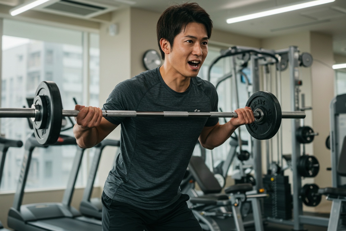 ジムで運動をする若々しい30代男性