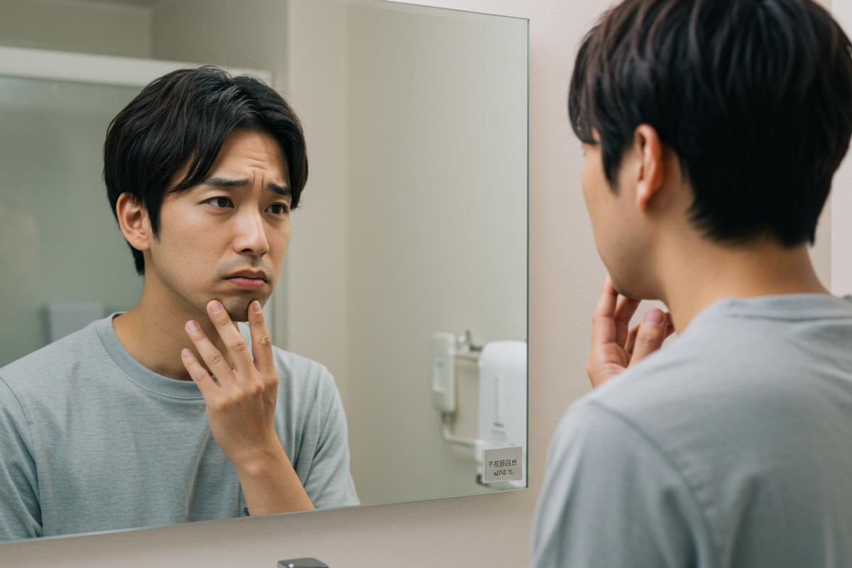 割れあご（けつあご）が気になって鏡を見る男性