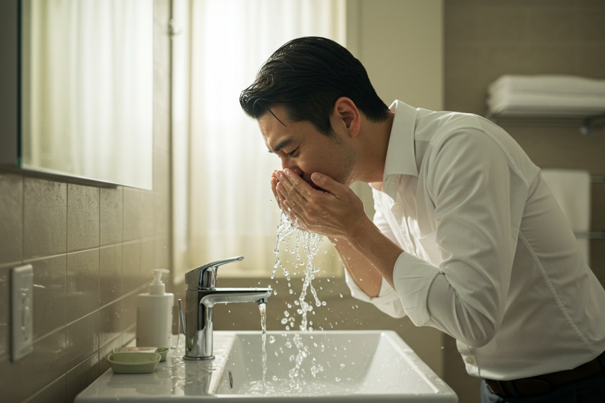 洗顔をする男性