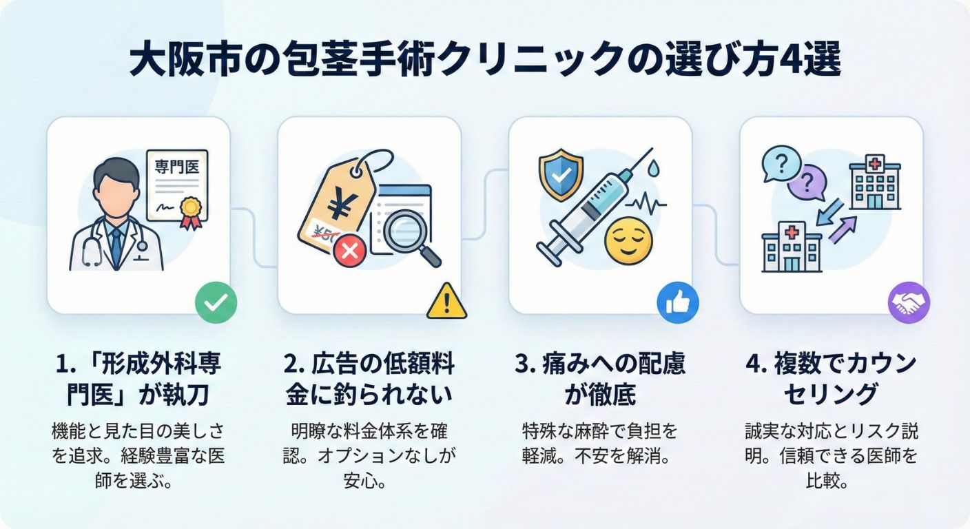 大阪市で包茎手術クリニックを選ぶためのポイント4選を解説した図。形成外科専門医が執刀、低額広告に注意、痛みへの配慮、複数回のカウンセリングなど信頼できるクリニック選びの基準を示すイラスト。