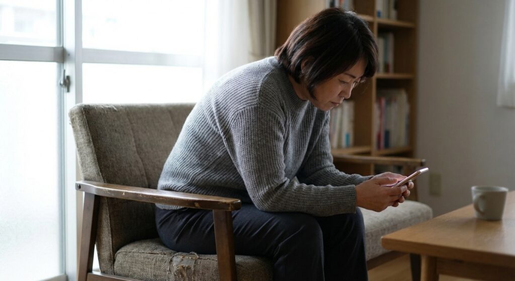 悪い姿勢でスマートフォンを使う40代女性