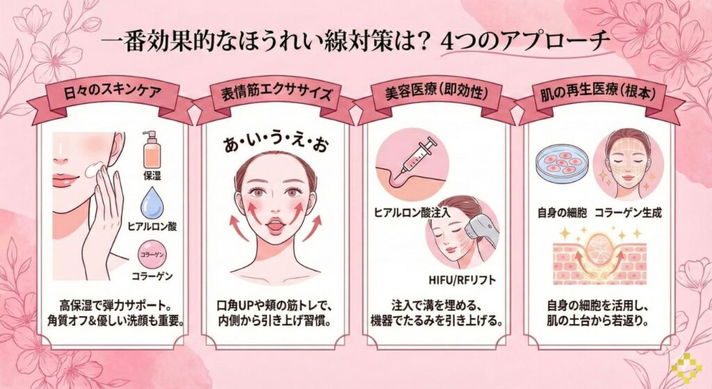 一番効果的なほうれい線対策を解説。スキンケア、表情筋エクササイズ、美容医療、肌の再生医療の4つのアプローチ比較図