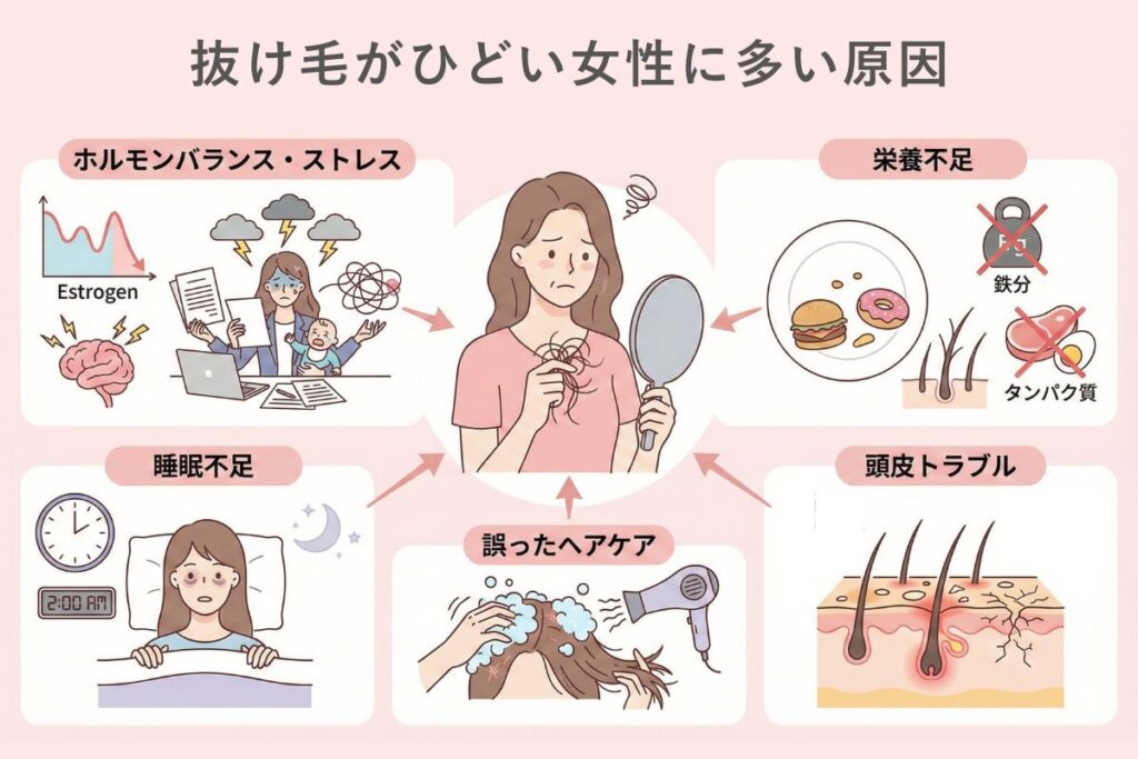 抜け毛や薄毛に悩む女性が鏡を見て困っているイラストを中心に、女性特有の抜け毛原因を5つの要素で解説したインフォグラフィックです。原因として、エストロゲン減少や産後・ストレスによるホルモンバランスの乱れ、鉄分・タンパク質不足による栄養の偏り、成長ホルモンに関わる睡眠不足、脂漏性皮膚炎や乾燥などの頭皮トラブル、そしてシャンプーやドライヤーなどの誤ったヘアケア習慣が具体的な図と最小限のテキストで示されています。女性の抜け毛対策において、自身の生活習慣や体調と照らし合わせて原因を特定するための参考となる図解画像です。