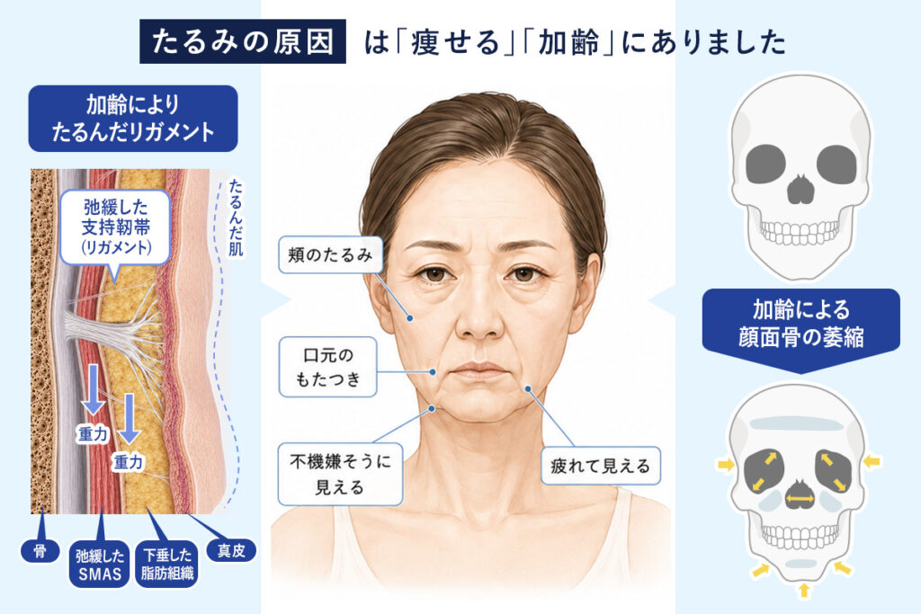 たるみの原因は「痩せる」「加齢」にありました。加齢によりたるんだリガメントと加齢により顔面骨の萎縮