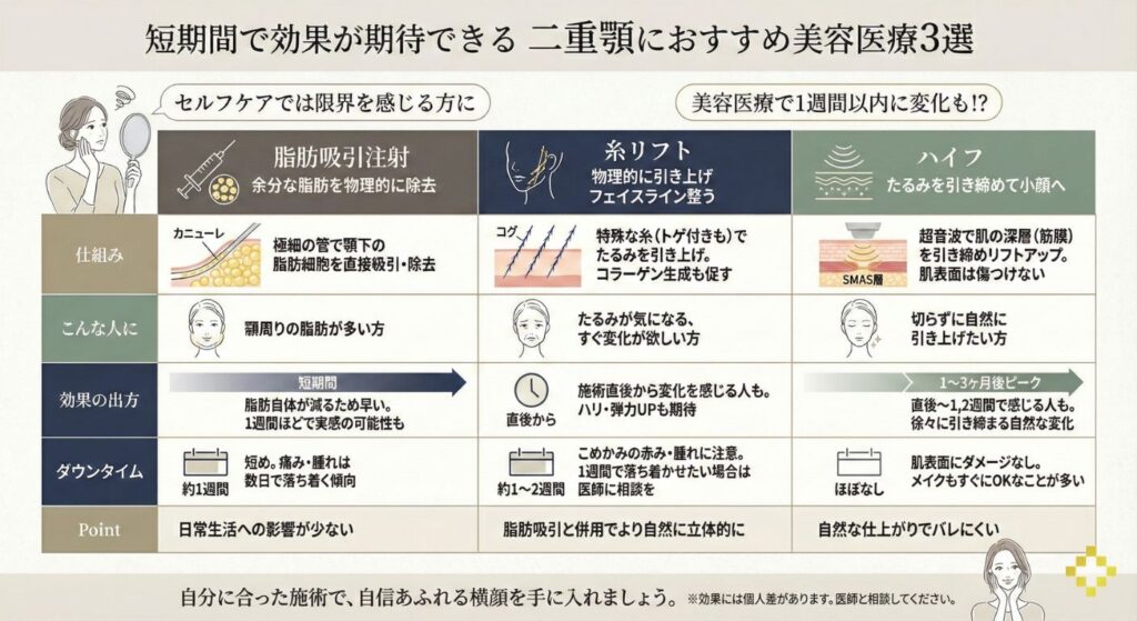 短期間で二重顎を解消する美容医療3選の解説図：脂肪吸引注射、糸リフト、ハイフ（HIFU）の仕組み、効果、ダウンタイムを分かりやすく比較。