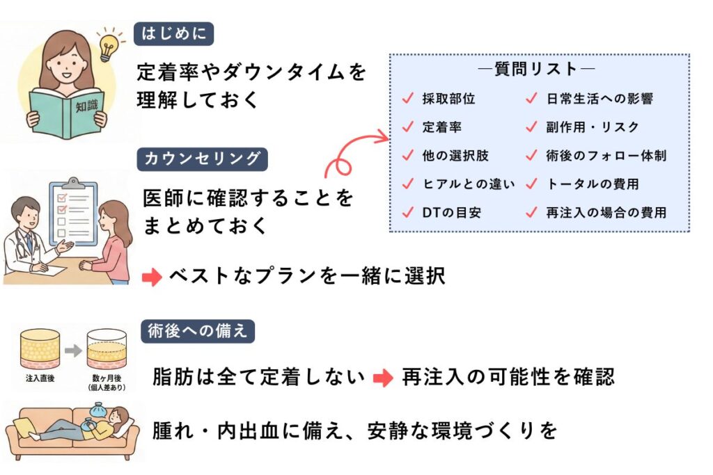 「脂肪注入を受ける前の準備ガイド」と題された、施術前の流れをまとめた4分割のイラスト。 【はじめに】定着率やダウンタイムなどの知識を事前に得て、不安を解消する重要性を描写。 カウンセリングで医師に聞くべき質問リスト（採取部位、費用、リスクなど）を提示。 脂肪注入、ヒアルロン酸、併用療法などを天秤にかけ、自分に合うプランを検討する様子。 注入後の定着率による変化の図解と、術後の腫れに備えて安静に過ごす生活準備を描いています。