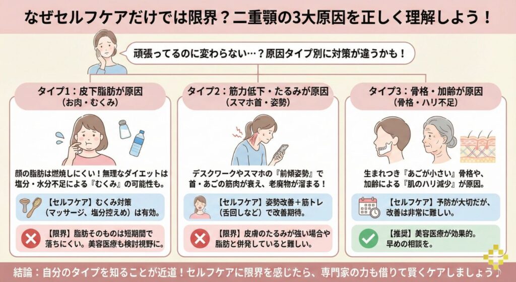 二重あごの3大原因（皮下脂肪・たるみ・骨格）とそれぞれの解消法・セルフケアの限界を示した図解