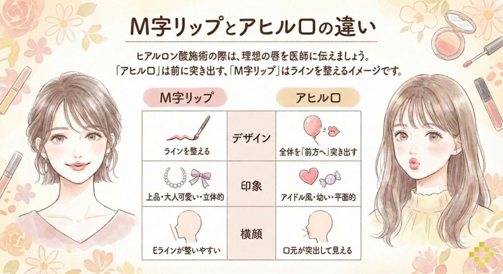 M字リップとアヒル口の違いを説明するイラスト