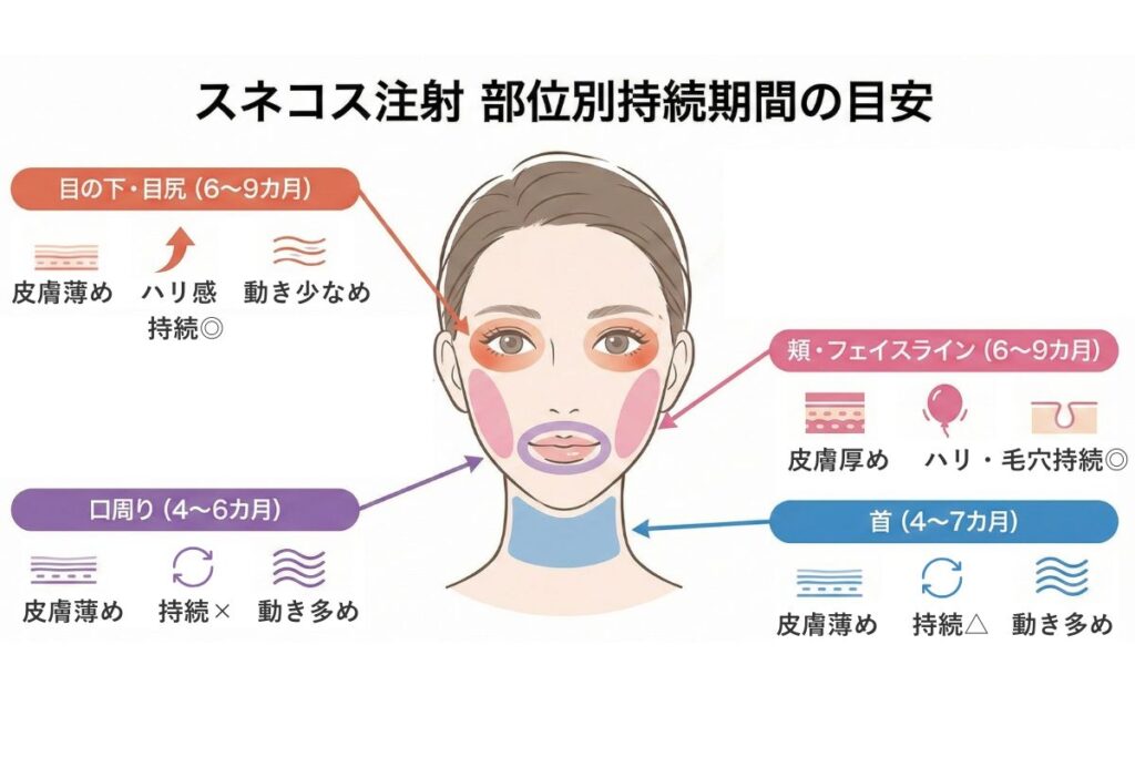スネコス注射の持続期間と効果の特徴を、目元・頬・口元・首の4つのエリアに分けて解説したインフォグラフィック。皮膚の厚さや可動域によって持続期間に差が出ることを示している。