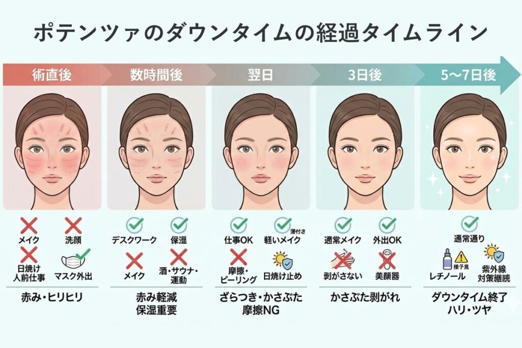 ポテンツァ施術後のダウンタイム経過を時系列で解説したイラスト。
術直後から数時間後、翌日、3日後、5〜7日後までの肌状態の変化を視覚的に示している。
赤みやヒリヒリ感、かさぶたの有無、回復の目安が段階ごとにわかる構成。
各タイミングでのメイク可否、仕事や外出の可否、注意点もアイコン付きで表示。
ポテンツァのダウンタイムと日常生活への影響をイメージしやすくまとめた図解。
