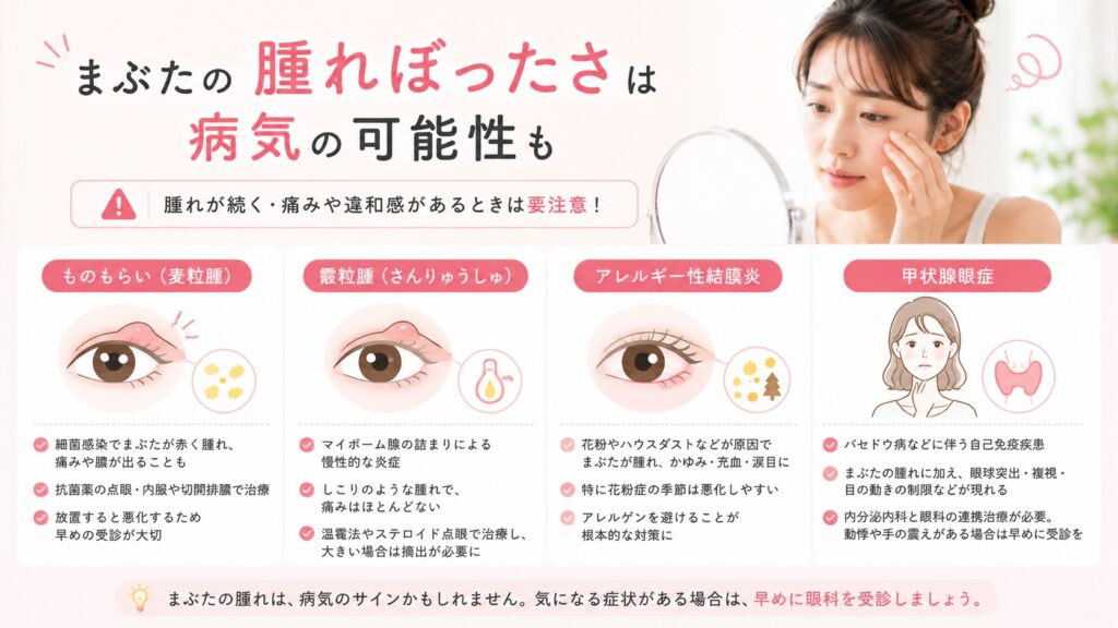 まぶたの腫れぼったさに関係する病気や症状を解説した女性向けインフォグラフィック画像
