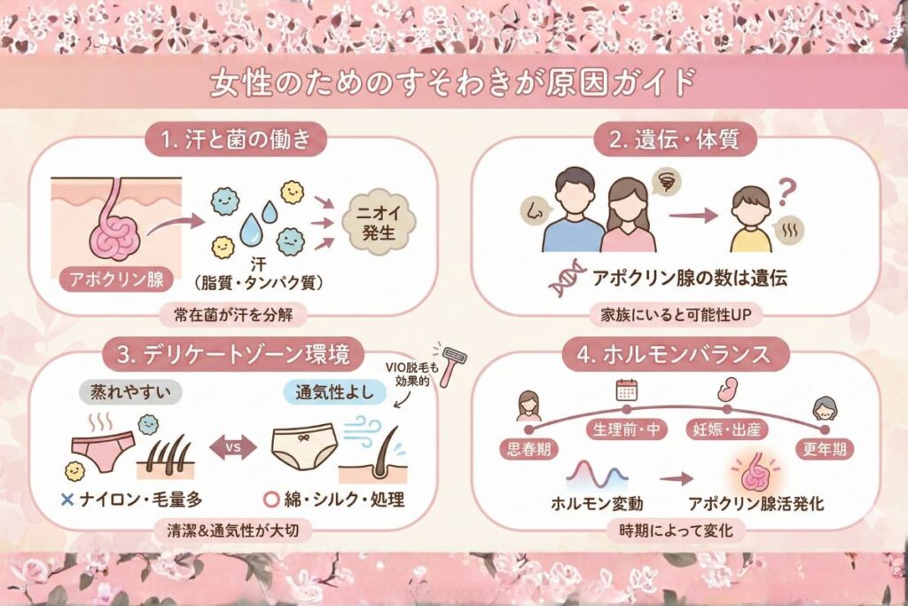 女性のすそわきがの特徴と原因ガイド(アポクリン腺・遺伝・デリケートゾーン環境・ホルモンバランス)の図解