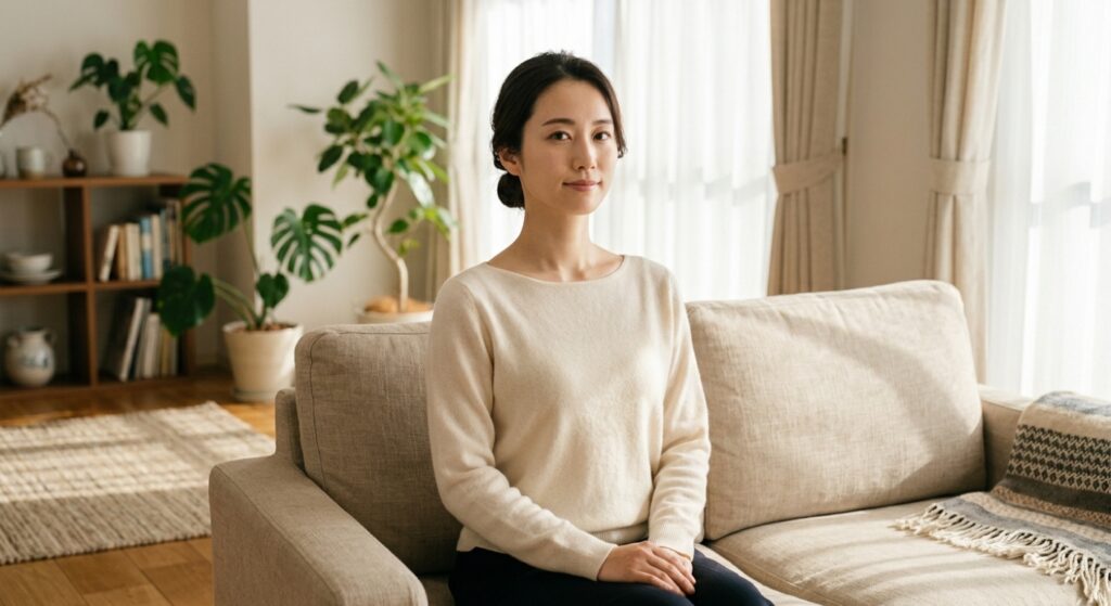 正しい姿勢で座り、首のラインを整える女性