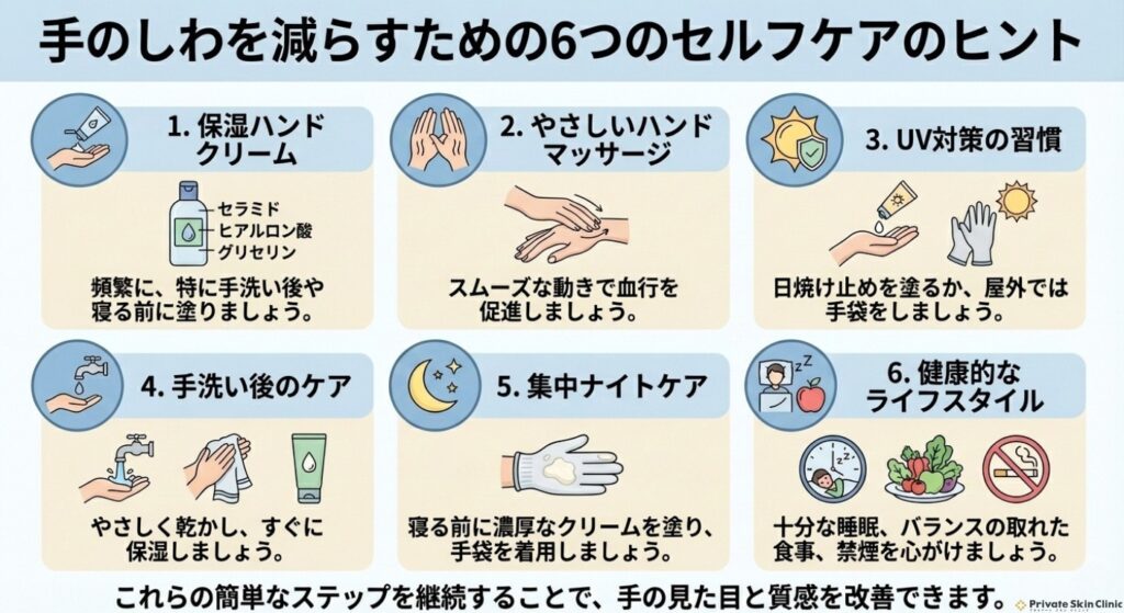 手の甲のシワ改善に効果的なセルフケア6選をまとめたイラスト
