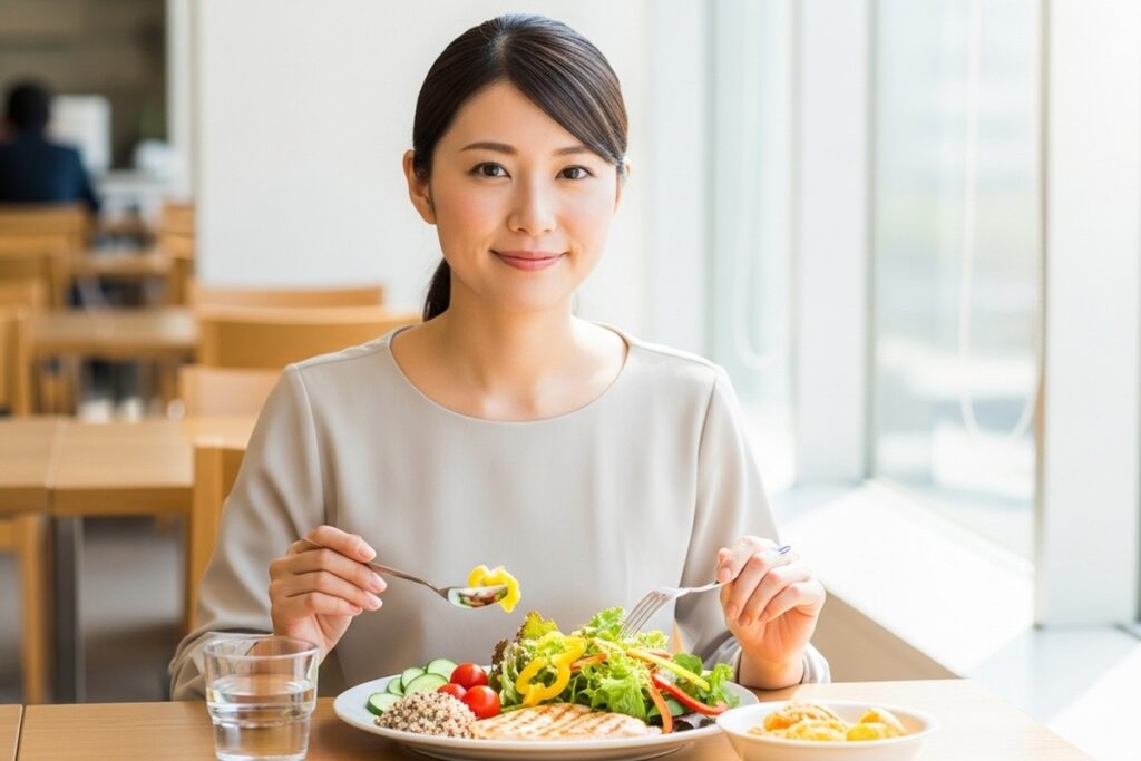 バランスの取れたヘルシーな食事を摂る女性