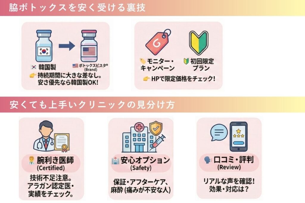 脇ボトックスを安く受ける方法として、韓国製ボトックスの活用やモニター・初回限定キャンペーンを案内する図解。さらに、安くても上手なクリニックを選ぶポイントとして、腕の良い医師の在籍、保証やアフターケアなどの安心オプション、口コミ・評判の確認が重要であることを示している。初心者にも分かりやすく、クリニック選びの注意点と費用を抑えるコツをまとめたイラスト。