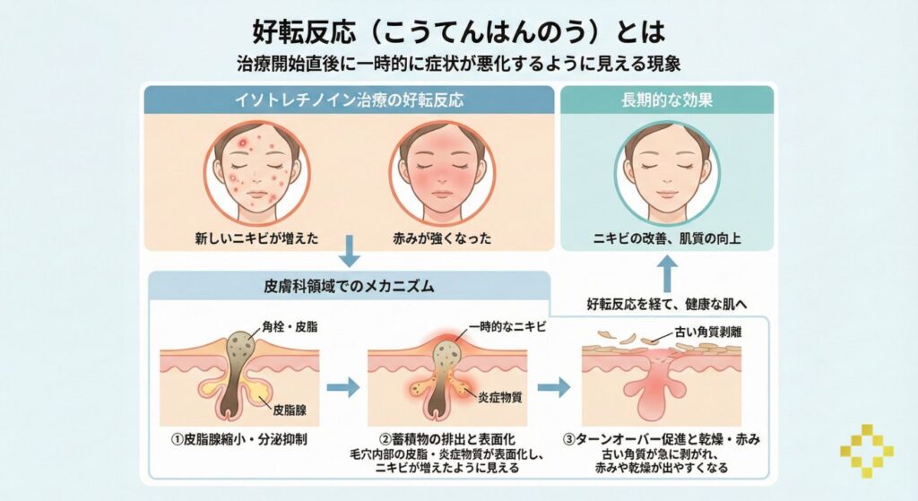 イソトレチノインの好転反応の仕組み|初期悪化でニキビや赤みが出て改善に向かう流れ