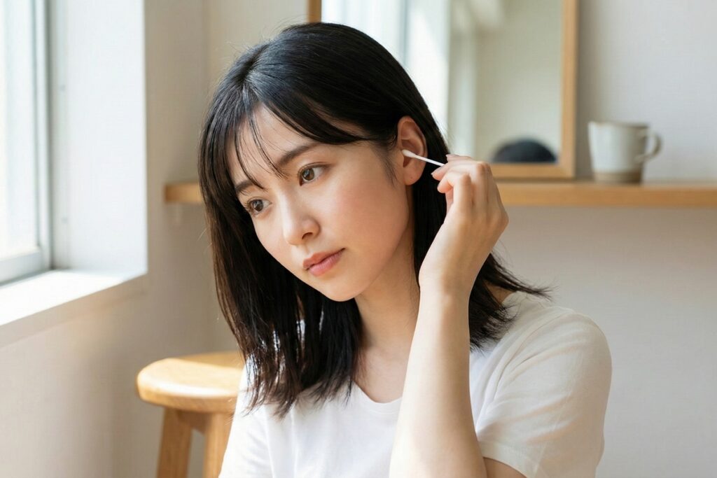 女性のすそわきがの特徴セルフチェック|綿棒で耳垢が湿っているか(キャラメル状か)確認する様子