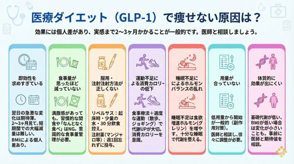 医療ダイエット（GLP-1）で痩せない7つの原因を解説したインフォグラフィック。即効性、食事量、服用方法、運動・睡眠不足、用量、体質などが、医療ダイエットで痩せない理由として挙げられています。