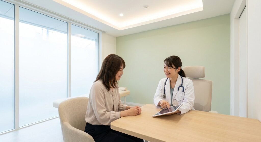 ほくろについてカウンセリングを受ける女性患者の画像