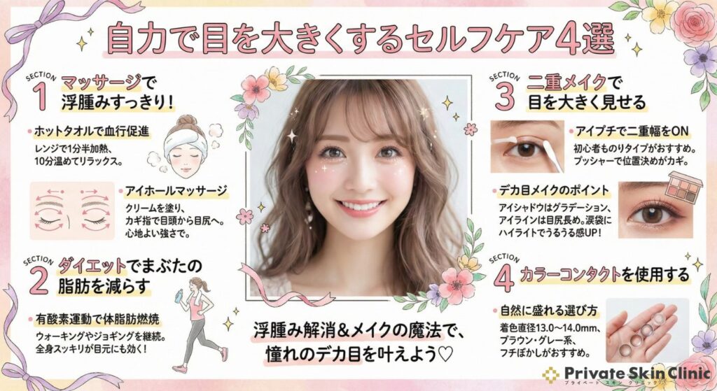 女性の目を自力で大きくする方法4選をまとめた画像