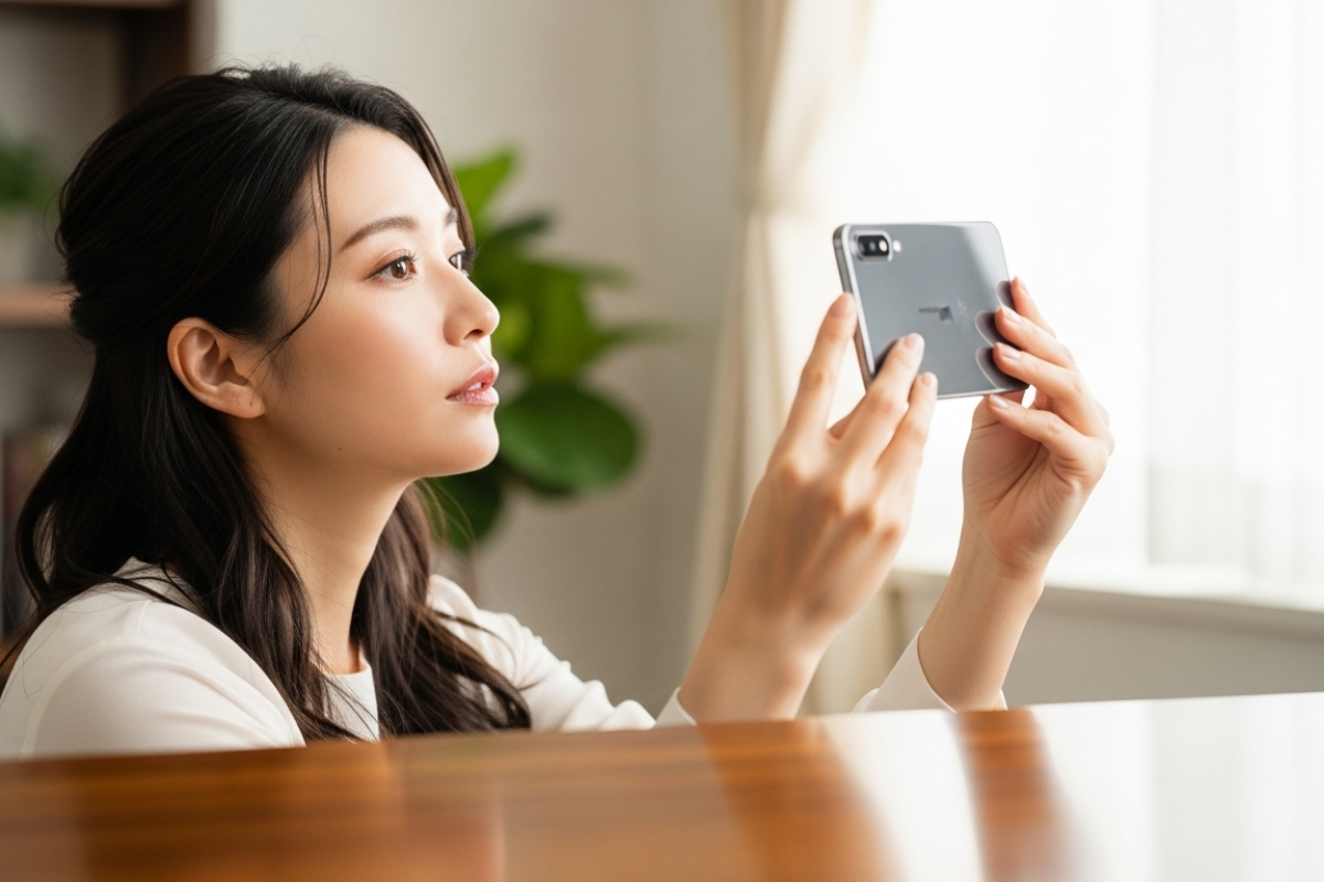 スマホで顔をチェックする女性