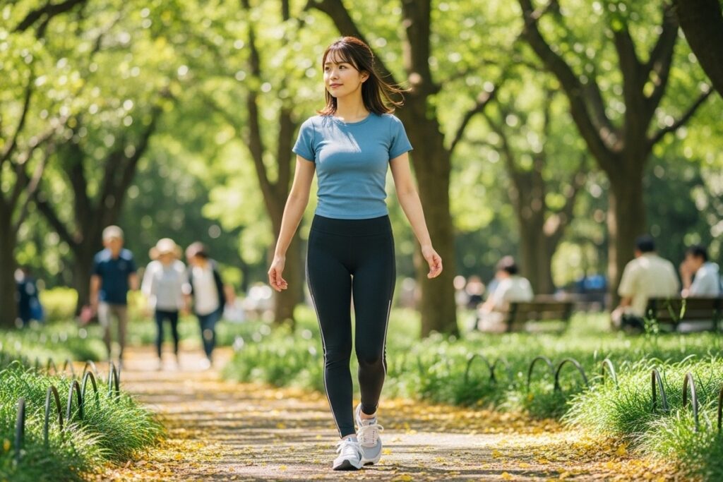 公園をウォーキングする20代女性