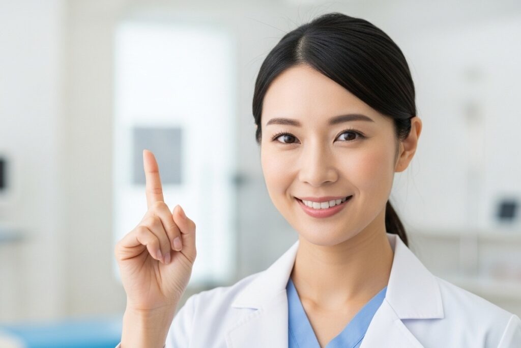 PRPF(PRPにFGFを添加した製剤)療法を受ける前にチェックすべきことを提示する女性医師