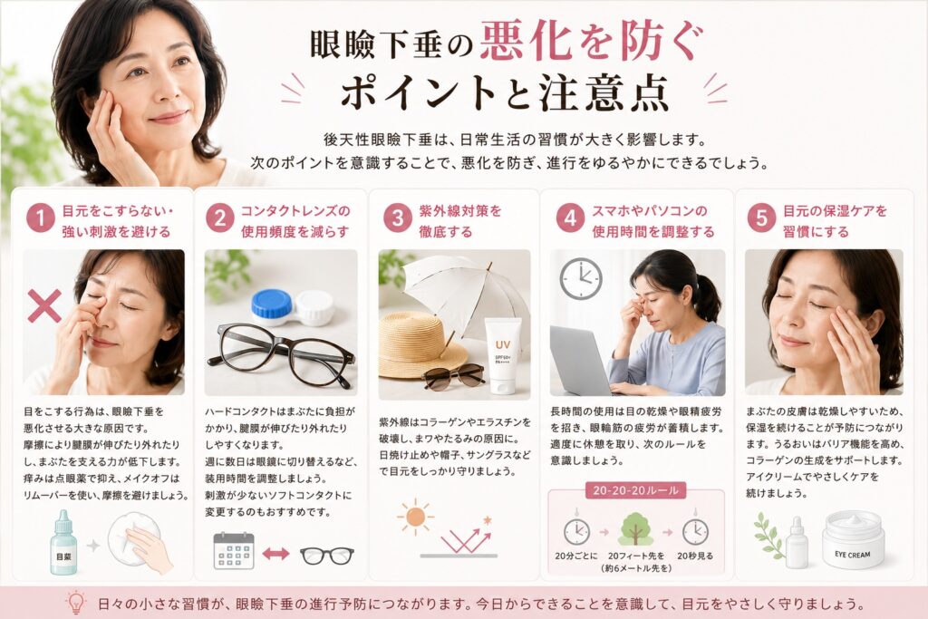 眼瞼下垂の悪化を防ぐ生活習慣やセルフケア方法を50代女性向けに解説したインフォグラフィック画像