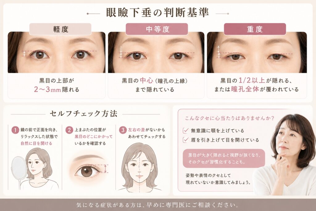 眼瞼下垂のセルフチェック方法や重症度の目安を分かりやすく解説した50代女性向けインフォグラフィック画像