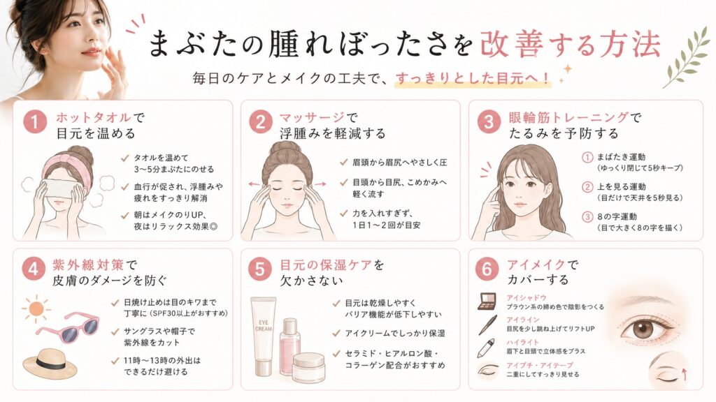 まぶたの腫れぼったさを改善するセルフケア方法を解説した30代〜40代女性向けインフォグラフィック画像