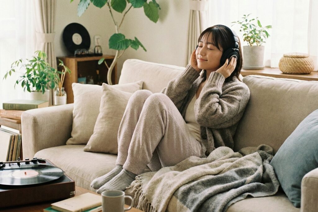 すそわきがの原因となるストレスを解消|好きな音楽を聴いてリラックスする女性