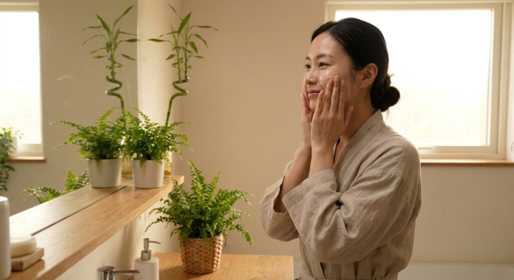 洗面所で丁寧に保湿ケアを行う女性